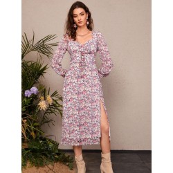 Vestido con estampado floral escote corazón de muslo con abertura con nudo delantero